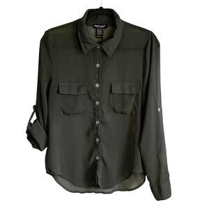 About A Girl Sheer Button Up Blouse Sz L Long Sleeves Green Pockets Timeless